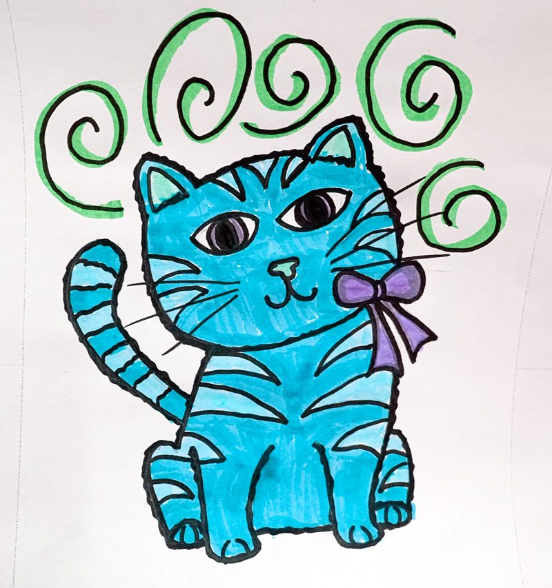 A hand-drawn illustration of a blue cat with a pink bow with green swirls